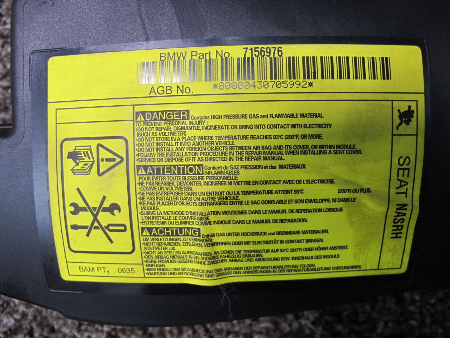 05-08 MINI COOPER R52 FRONT RIGHT PASSENGER SIDE SEAT SRS AIRBAG OEM