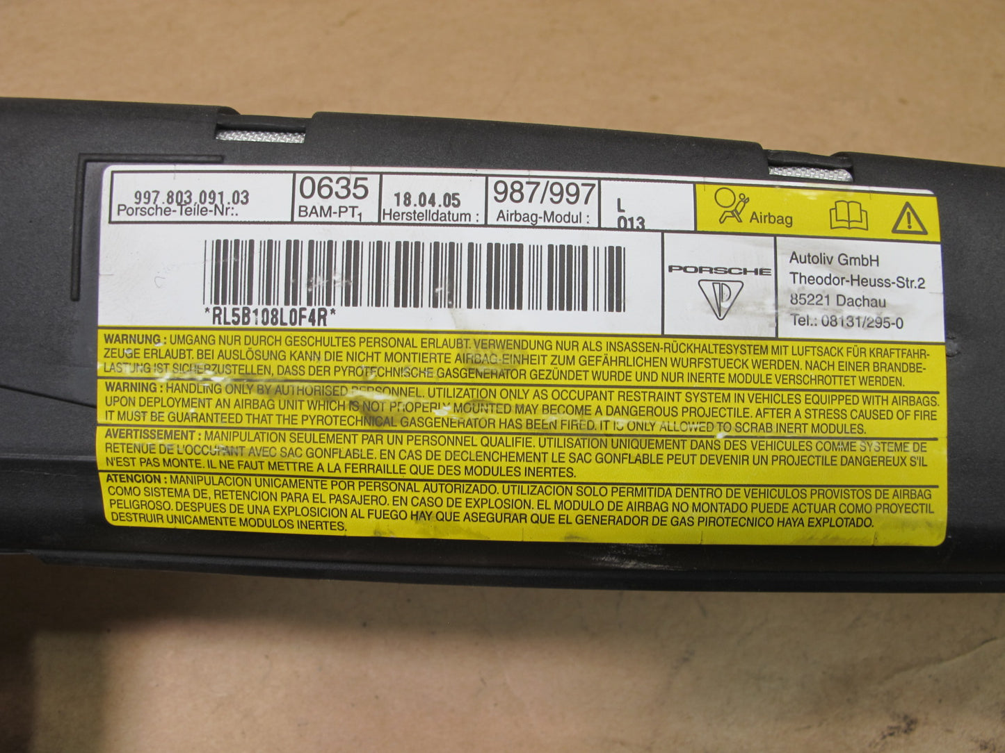 05-12 PORSCHE BOXSTER 987 CAYMAN FRONT LEFT DRIVER SIDE DOOR SRS AIRBAG OEM