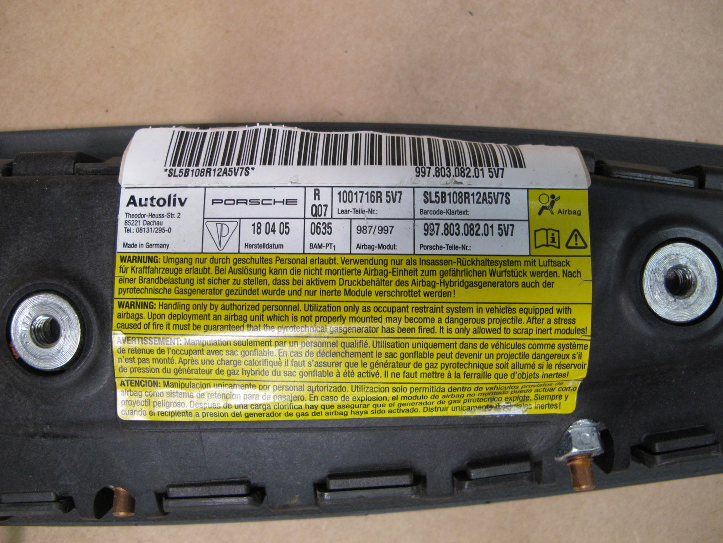 05-08 PORSCHE BOXSTER 987 CAYMAN FRONT RIGHT PASSENGER SIDE SEAT SRS AIRBAG OEM
