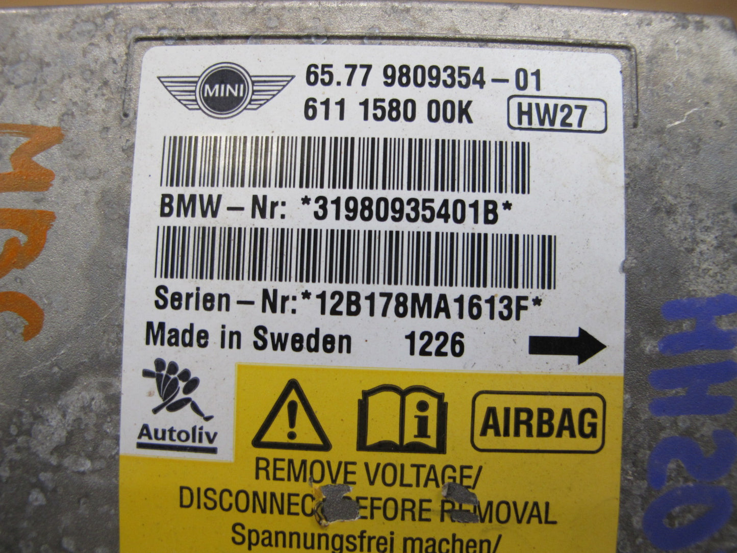 07-13 MINI COOPER R55 R56 R60 SRS AIRBAG CONTROL MODULE UNIT 9809354 OEM