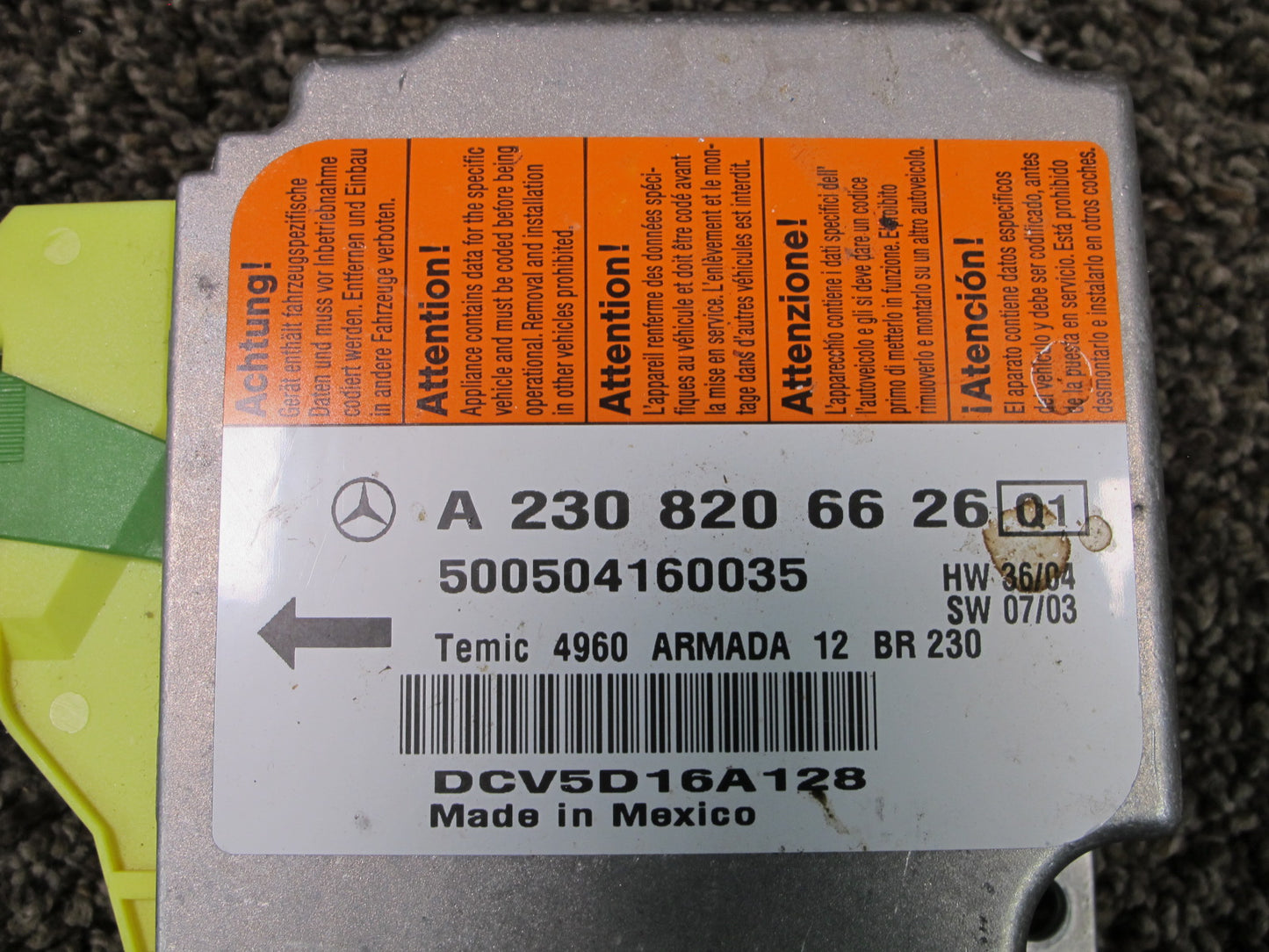 03-08 MERCEDES R230 SL500 SRS AIRBAG CONTROL MODULE UNIT 2308206626 OEM