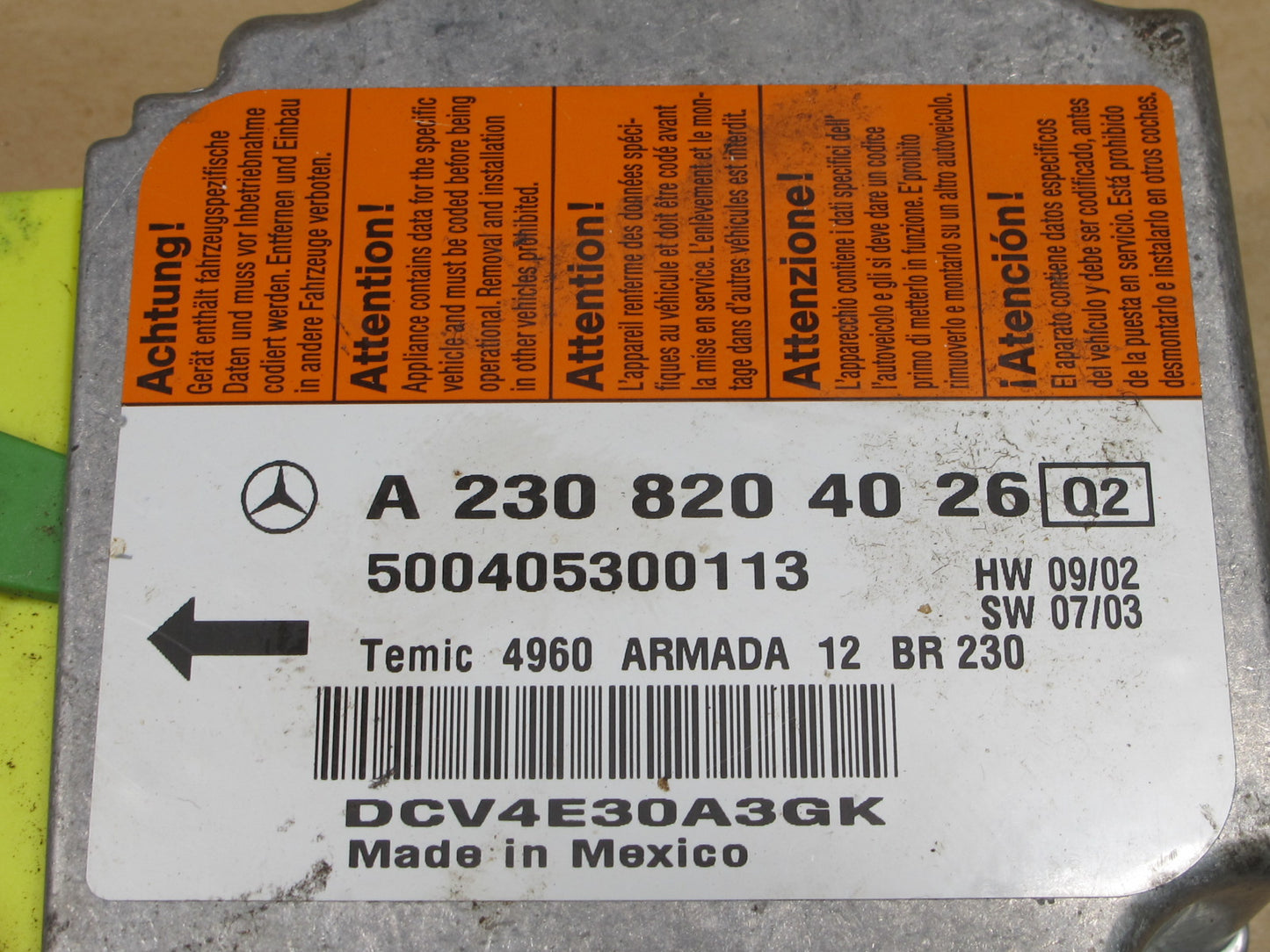 03-08 MERCEDES R230 SL500 SRS AIRBAG CONTROL MODULE UNIT A2308204026 OEM