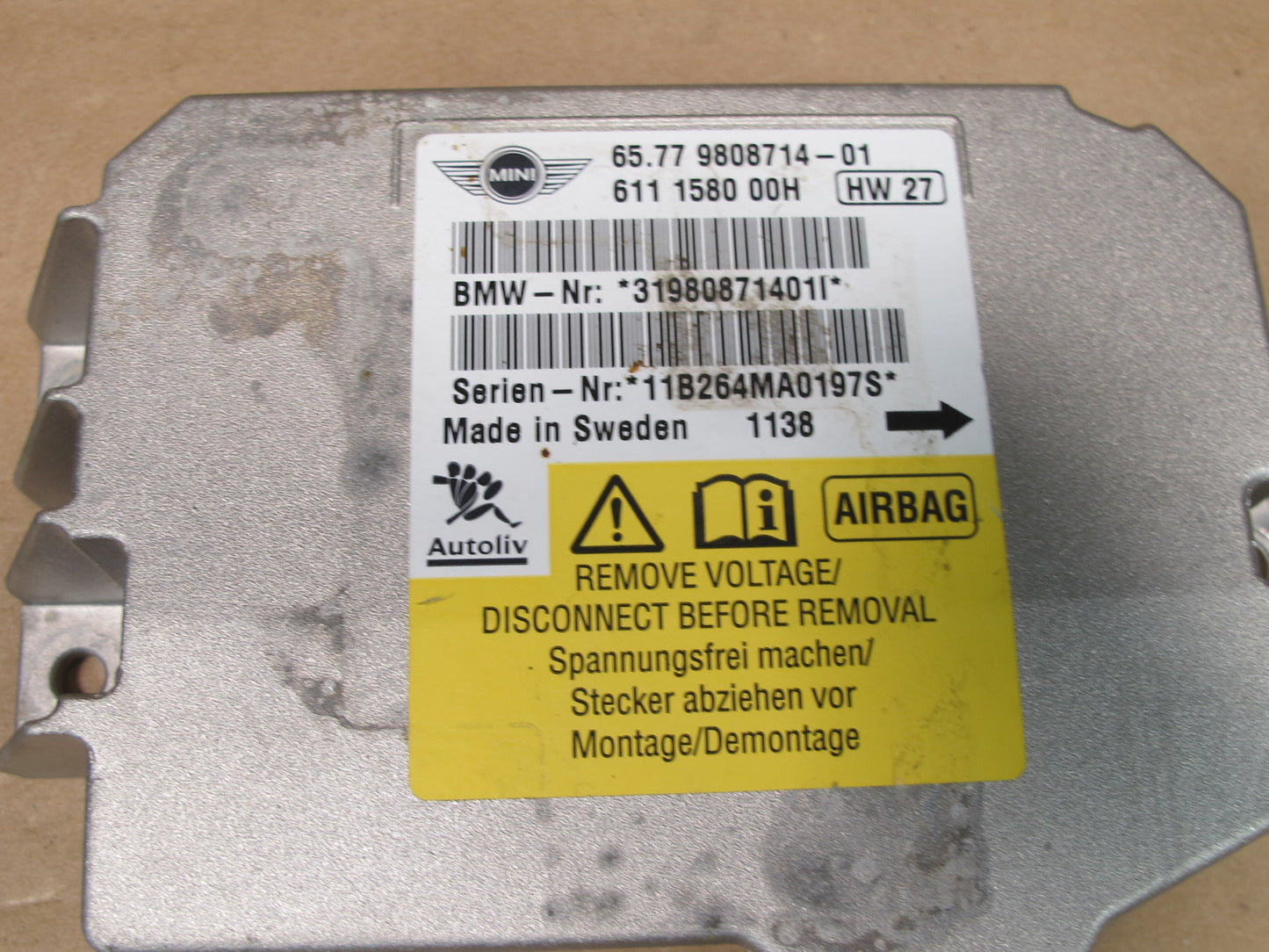 07-13 MINI COOPER R55 R56 SRS AIRBAG CONTROL MODULE UNIT 9808714 OEM