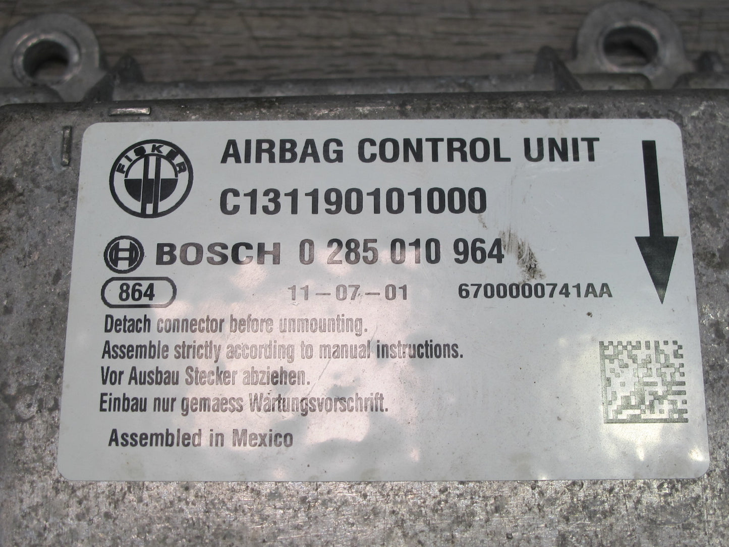 11-12 FISKER KARMA SRS AIRBAG CONTROL MODULE UNIT 0285010964 OEM