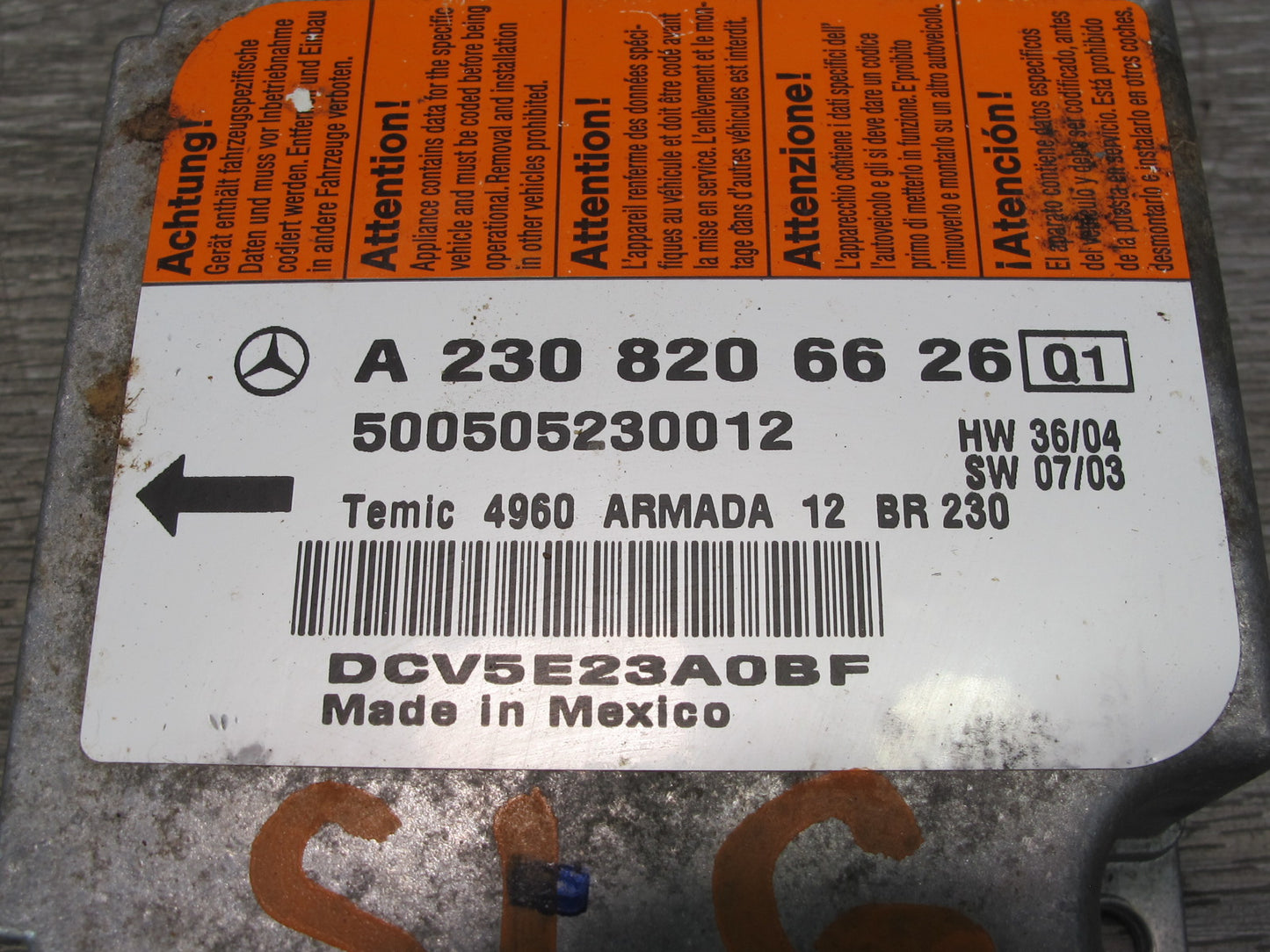 03-08 MERCEDES R230 SL500 SRS AIRBAG CONTROL MODULE UNIT 2308206626 OEM