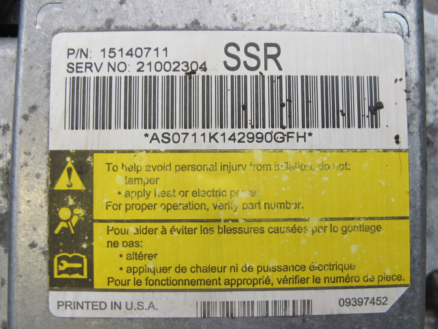 03-06 CHEVROLET SSR AIRBAG SRS CONTROL MODULE UNIT 15140711 OEM