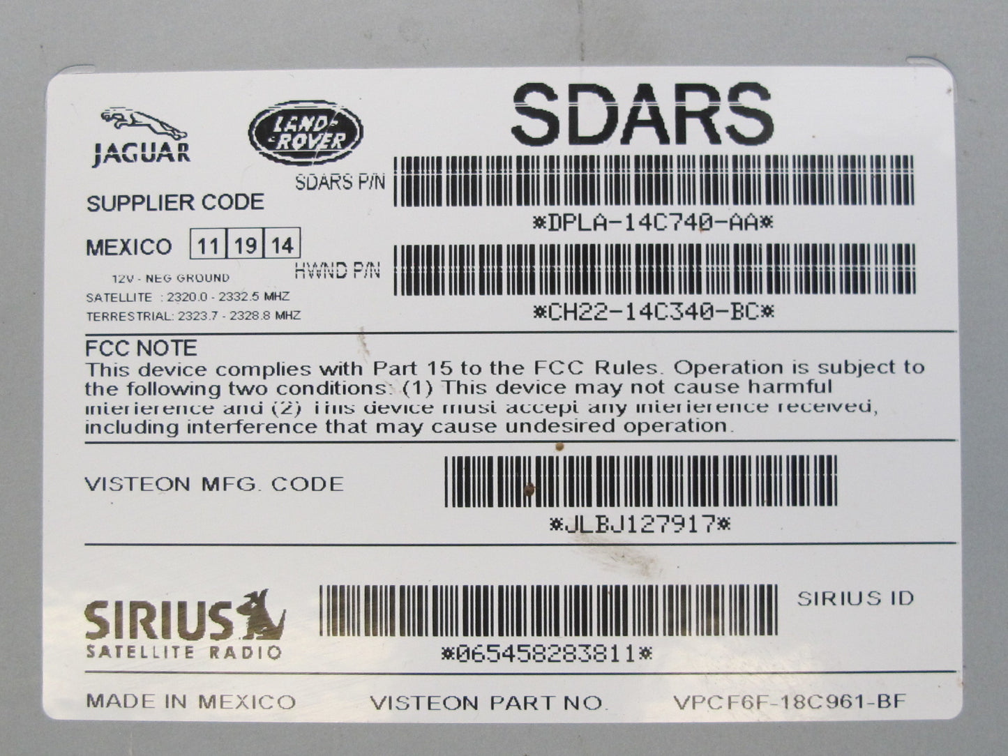 2013-2015 Land Range Rover L405 Sirius Satellite Radio Receiver Module