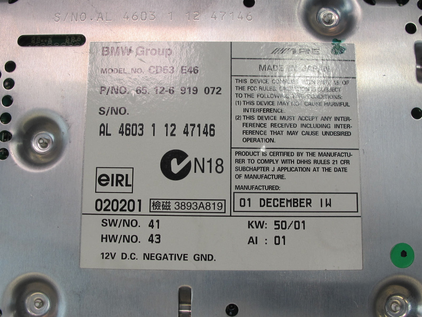01-06 BMW E46 3-SERIES Radio Business CD Player Receiver 6919072 OEM