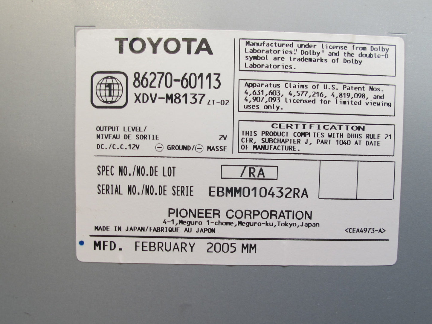 2005 Lexus UZJ100L LX470 CD Changer Player NO Magazine 86270-60113