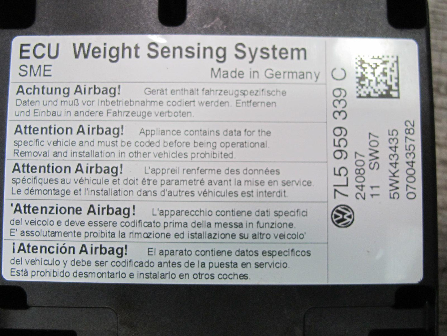 2008-2010 Porsche Cayenne 957 Front Right Seat Occupancy Weight Sensor
