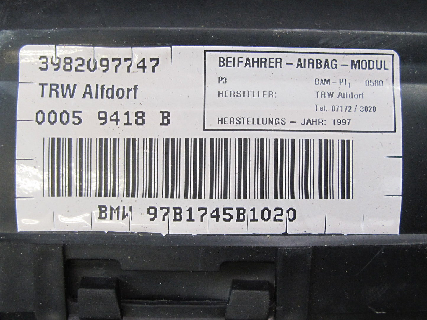 96-98 BMW E36 3-SERIES CONVERTIBLE FRONT RIGHT PASSENGER SIDE DASH SRS AIRBAG OEM