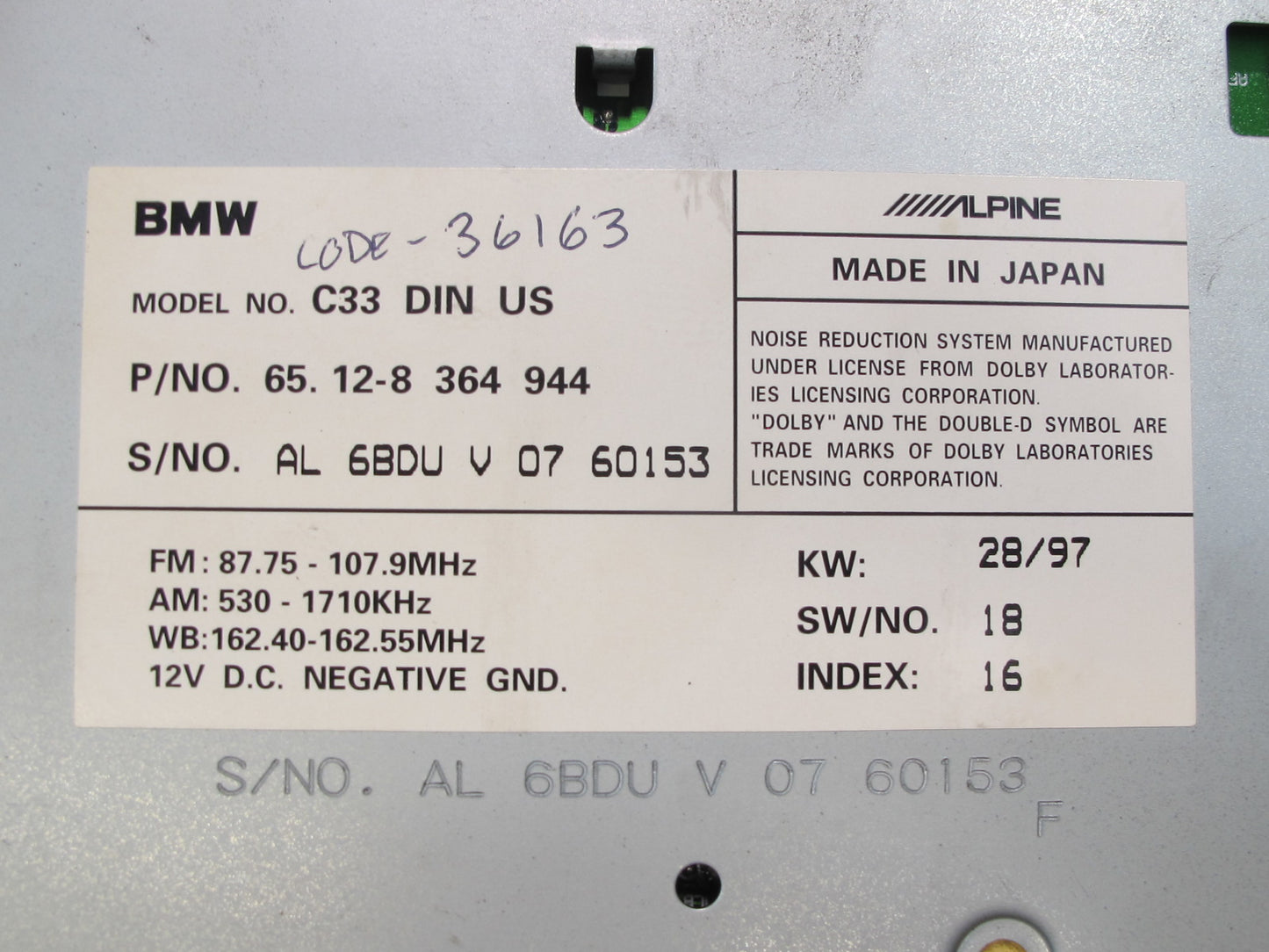 96-99 BMW E36 325iC 328iC Car Stereo Cassette Radio CD Player 8364944 OEM