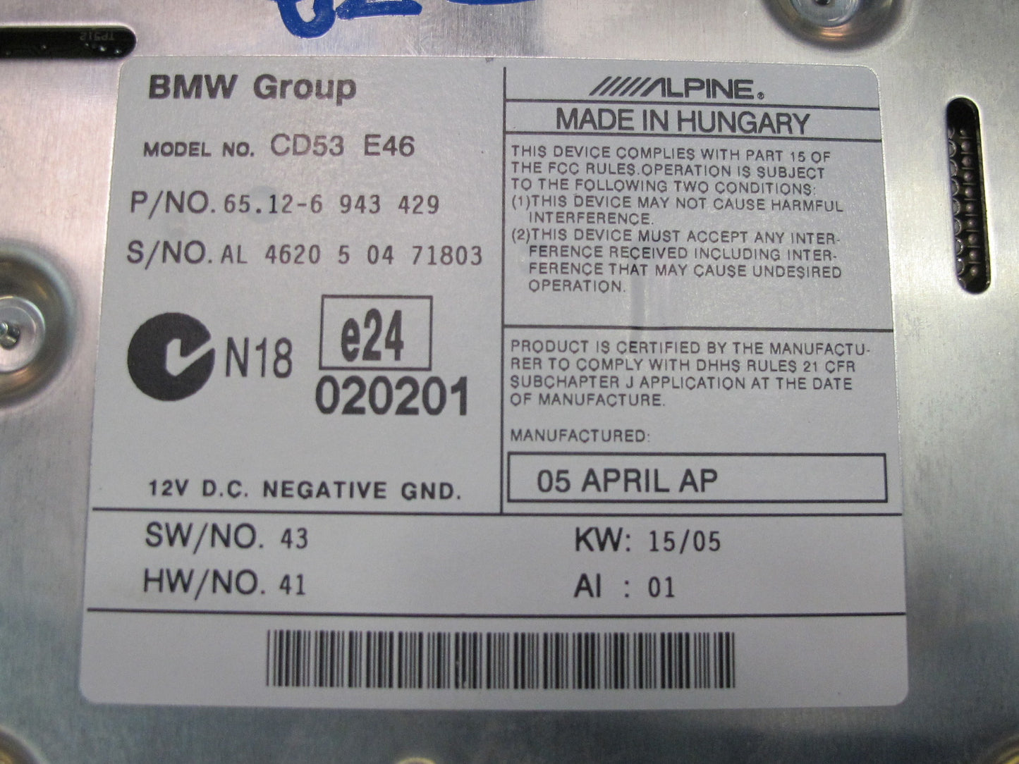 04-06 BMW E46 325Ci 330Ci Radio Business CD Player Receiver 6943429 OEM