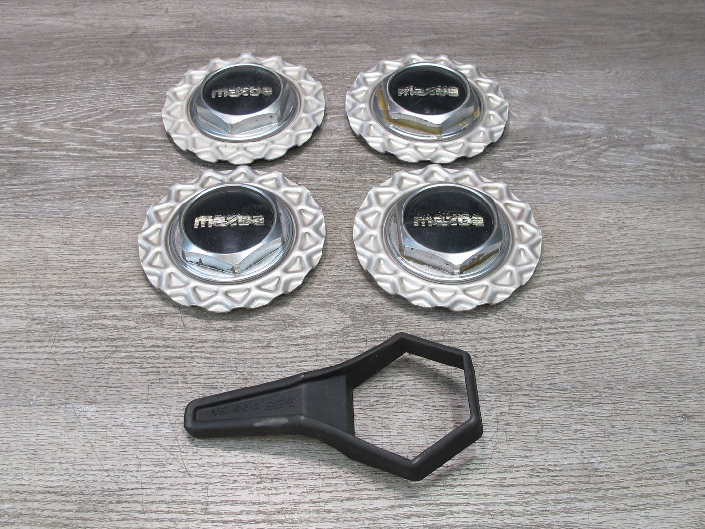 86-91 Mazda FC3S RX7 Set of 4 Factory BBS Wheel Hub Center Cap Cover w Tool OEM