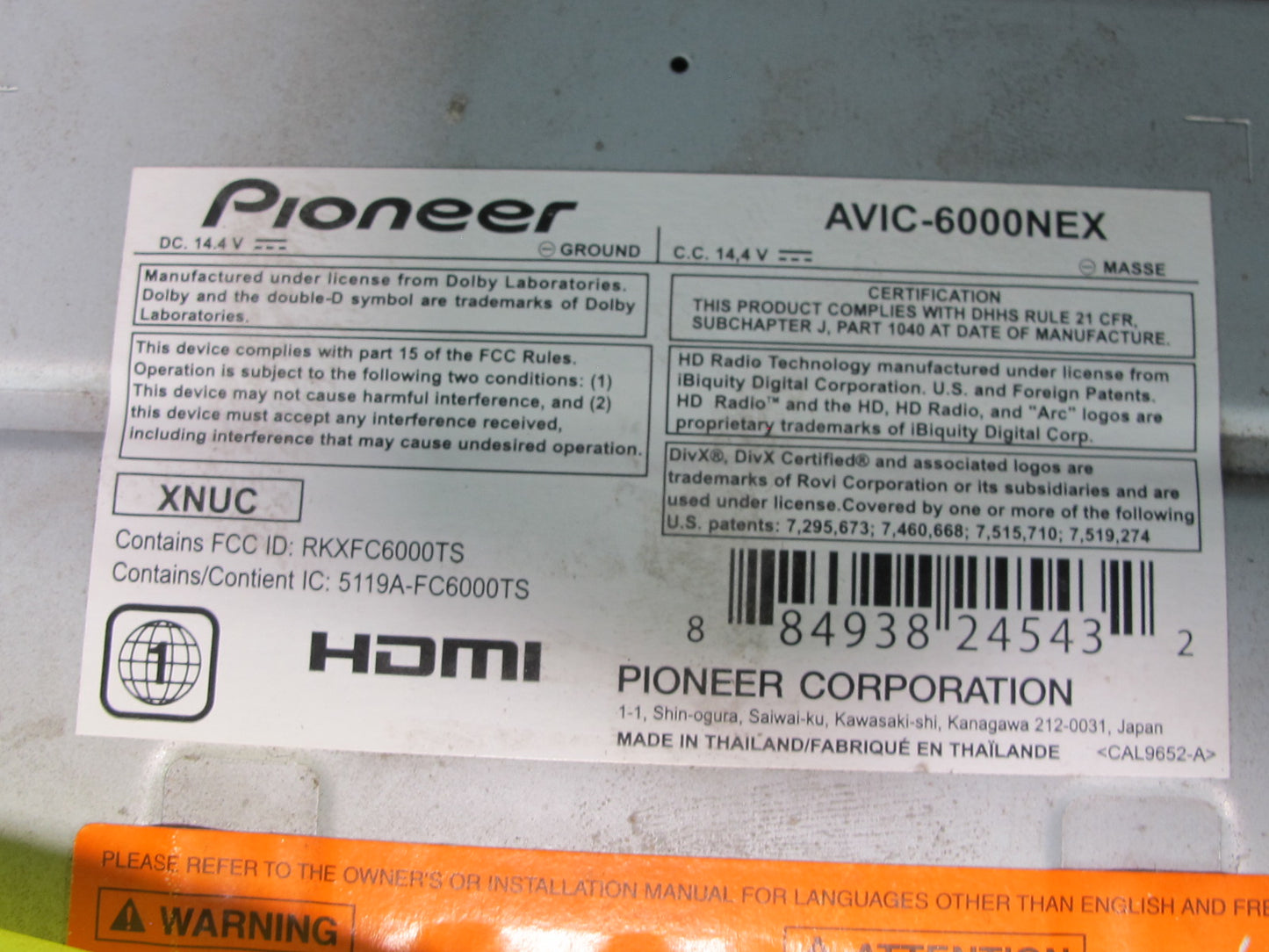 Pioneer AVIC-6000NEX CD Player Receiver NO MIC NO GPS