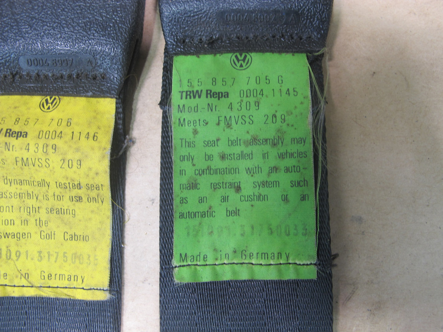 1979-1993 VW Volkswagen Golf Cabriolet Front & Rear Seat Belt Set OEM