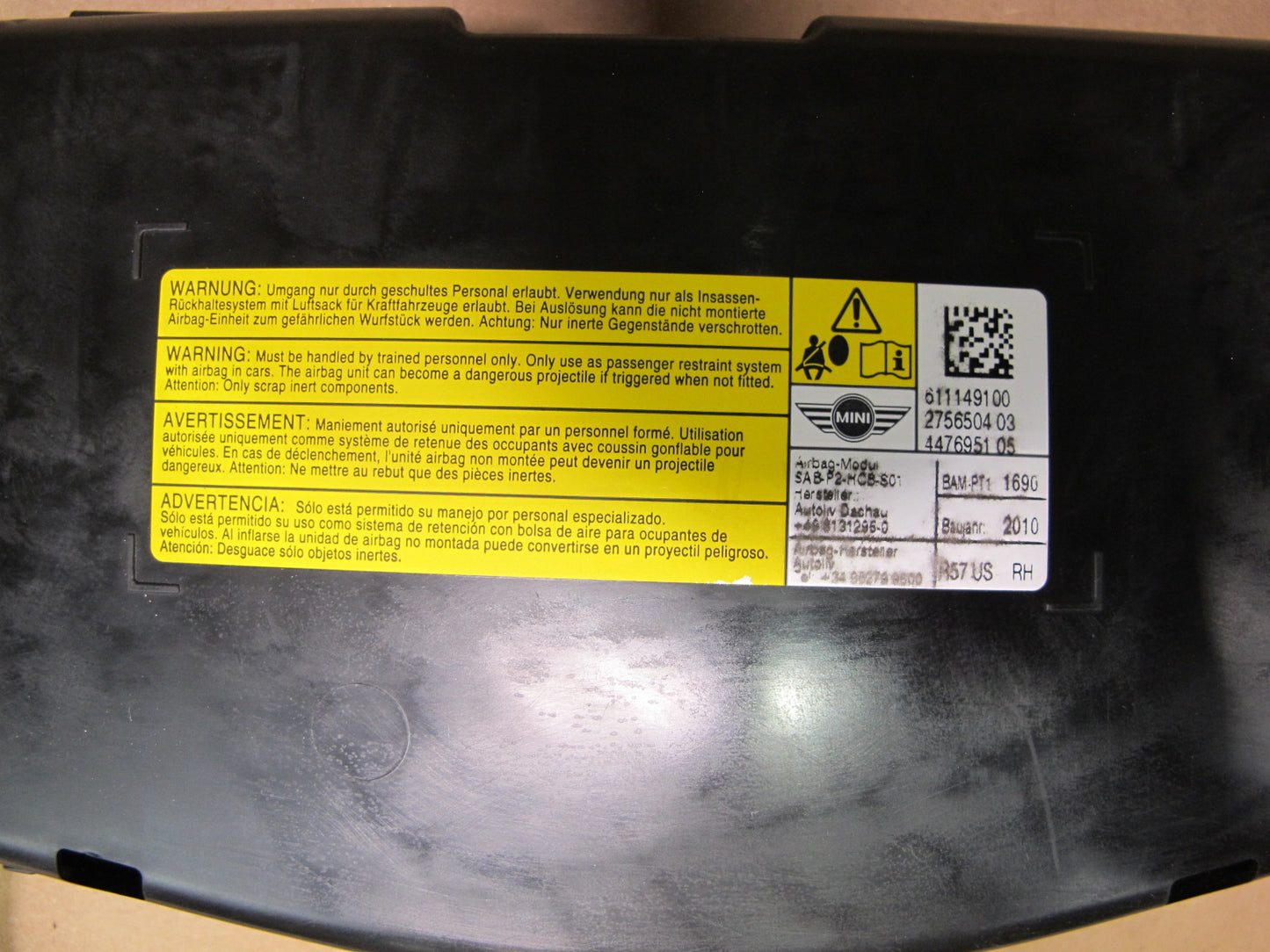 09-15 MINI COOPER S R57 FRONT RIGHT PASSENGER SIDE SEAT SRS AIRBAG OEM