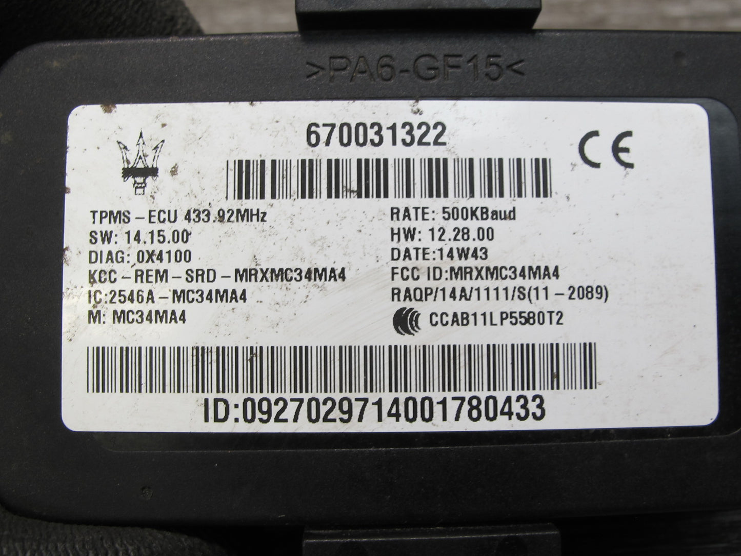 14-17 Maserati Ghibli M157 SQ4 Tmps Tire Pressure Monitor Sensor 670031322 OEM