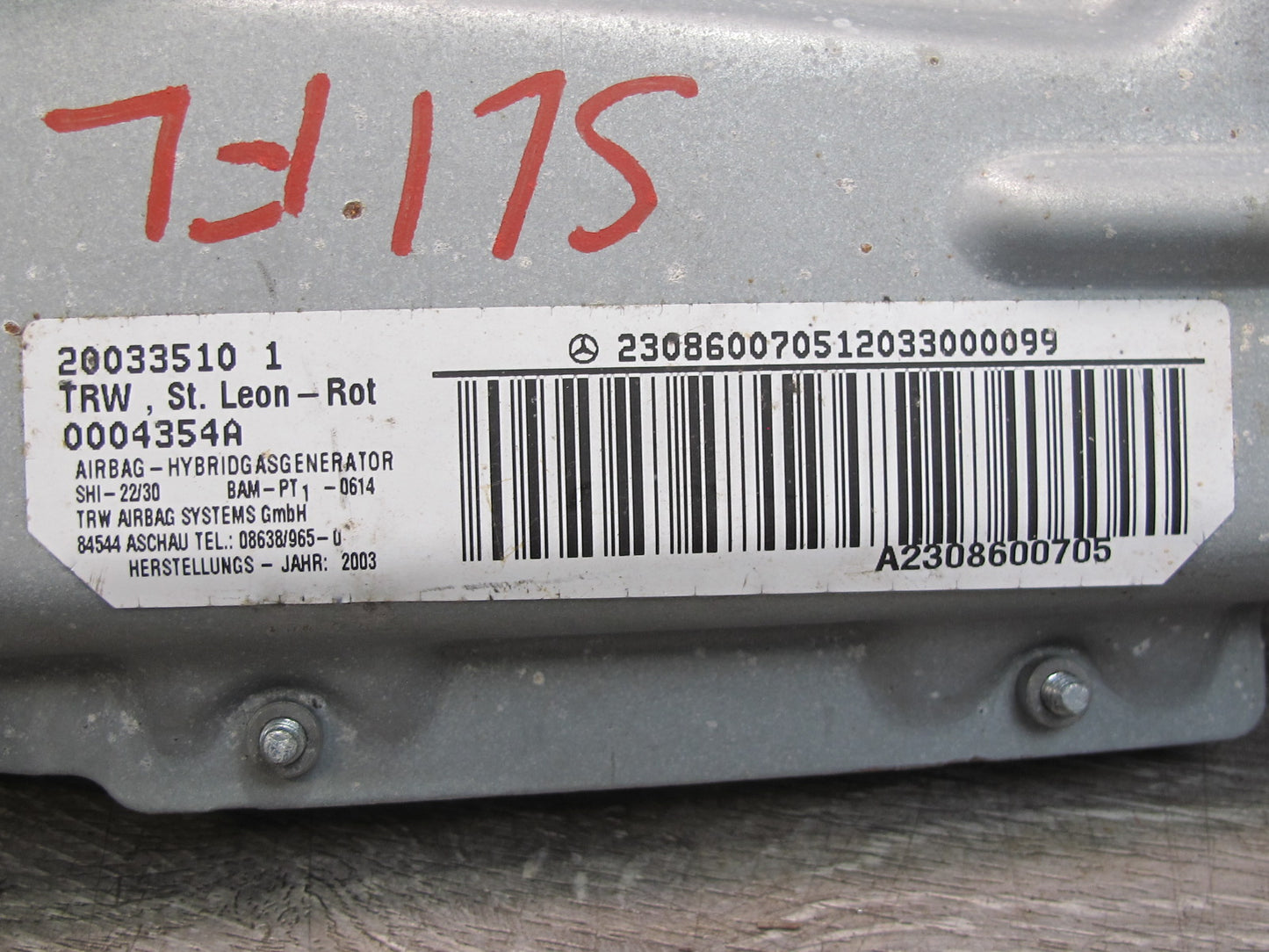 03-08 MERCEDES R230 SL500 SL600 FRONT LEFT DRIVER SIDE DASH KNEE SRS AIRBAG 2308600705 OEM