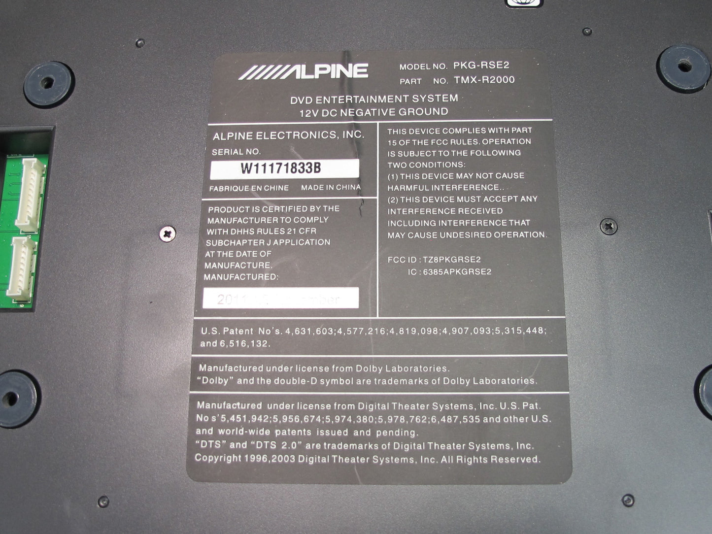 Alpine Overhead DVD Player PKG-RSE2