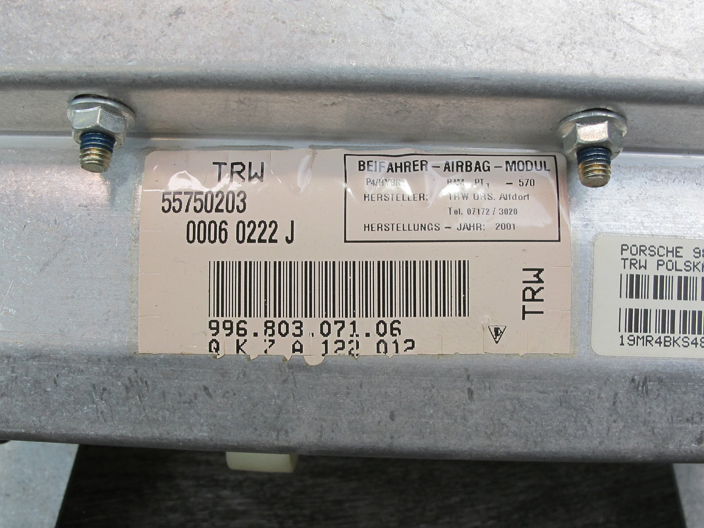 97-03 PORSCHE BOXSTER 986 FRONT RIGHT PASSENGER SIDE DASH SRS AIRBAG 99680307106 OEM