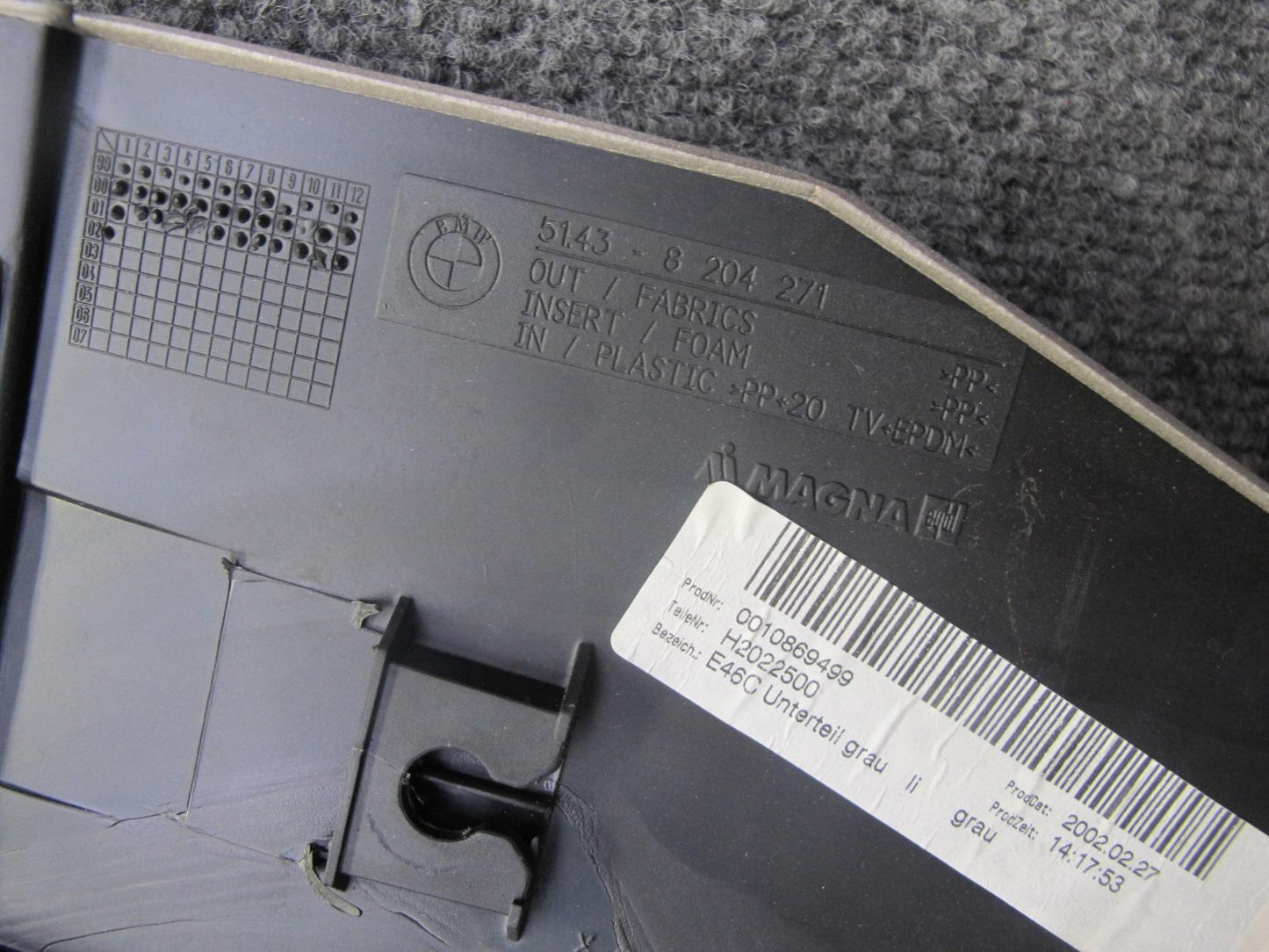 01-03 BMW E46 3-SERIES Convertible Rear Quarter Interior Trim Cover Panel OEM