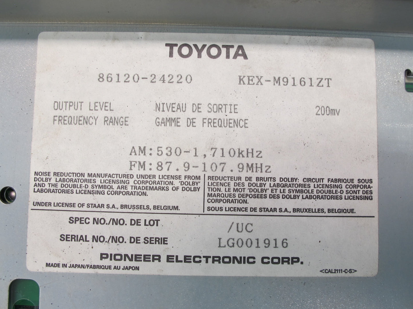 92-94 Lexus UZZ30L SC400 Pioneer Radio Cassette Player Receiver Head Unit OEM