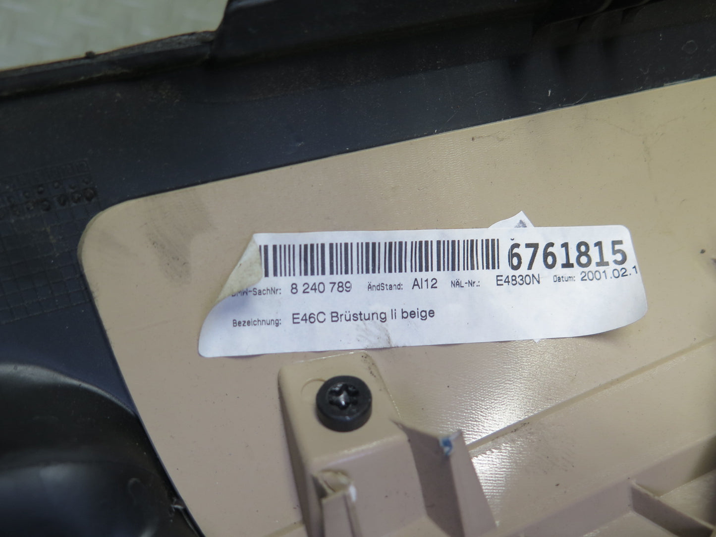 01-03 BMW E46 330ci Convertible Rear Left Lateral Trim Cover Beige 8240789 OEM