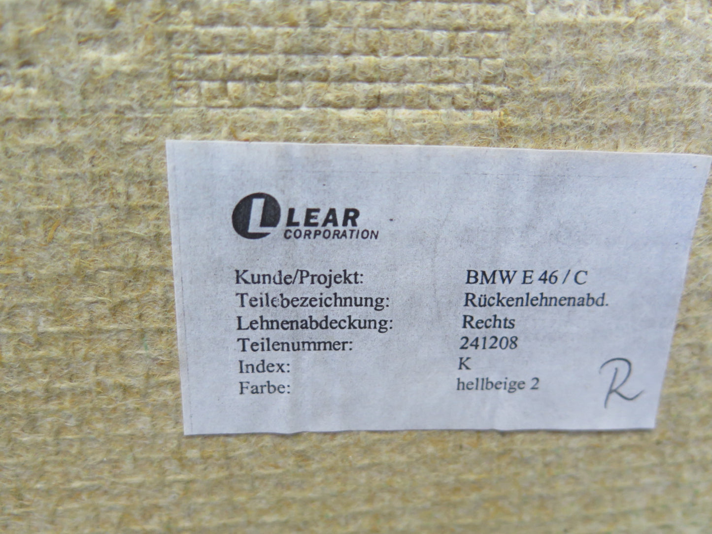 01-06 BMW E46 330ci Convertible Front Right Seat Back Cover Trim Panel Beige OEM