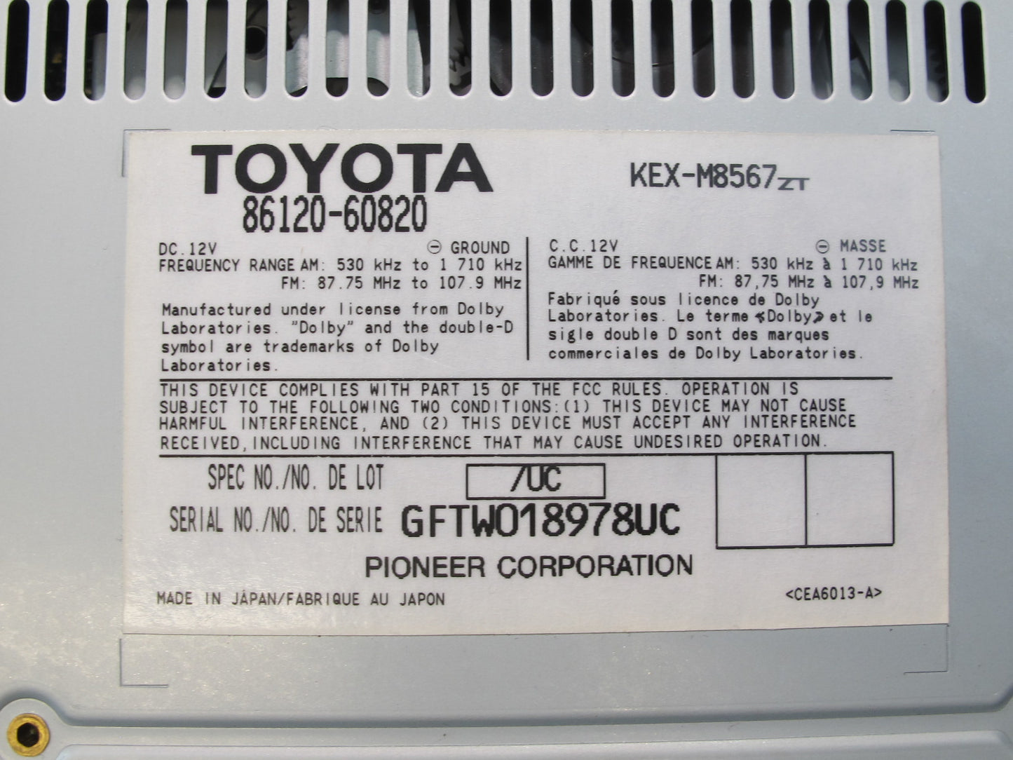 2006-2009 Lexus UZJ120L GX470 Radio Cassette Player 86120-60820