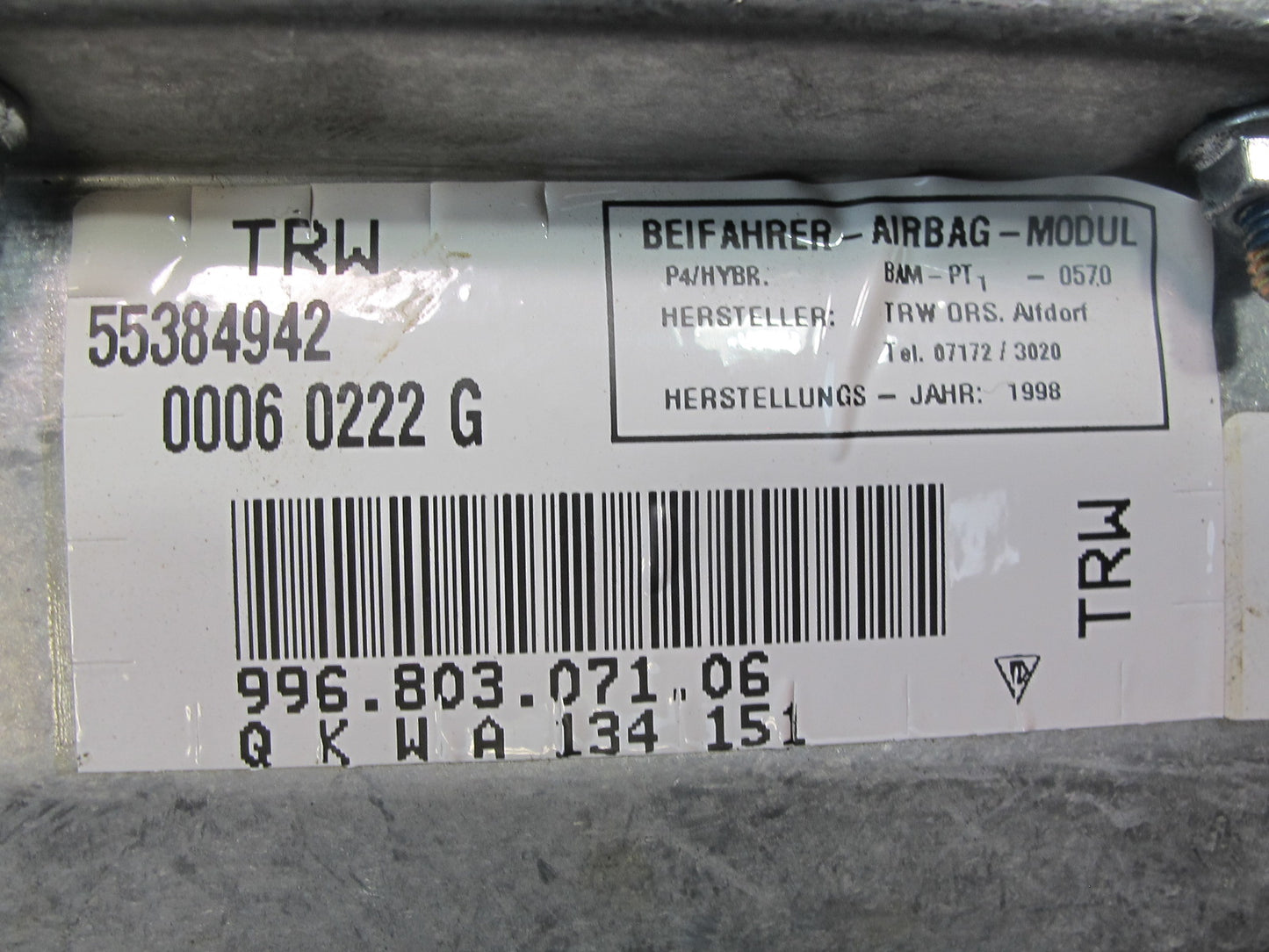 97-04 PORSCHE BOXSTER 986 FRONT RIGHT PASSENGER SIDE DASH SRS AIRBAG OEM