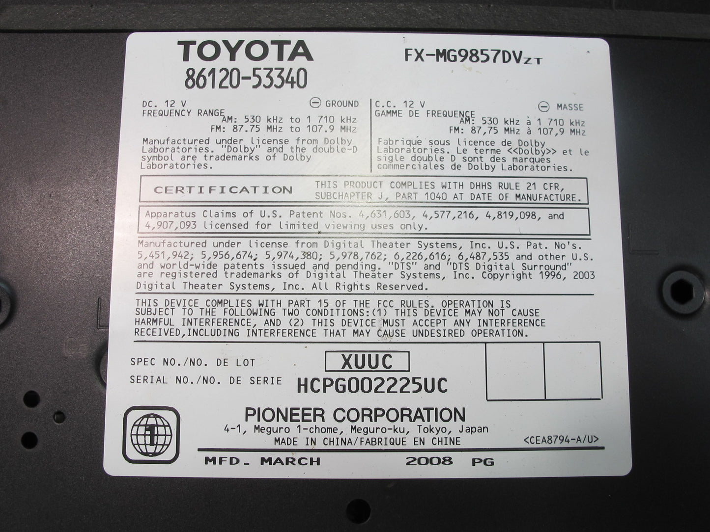 06-08 Lexus IS250 IS350 Is-f AM FM Radio CD Player Mark Levinson 86120-53340 OEM