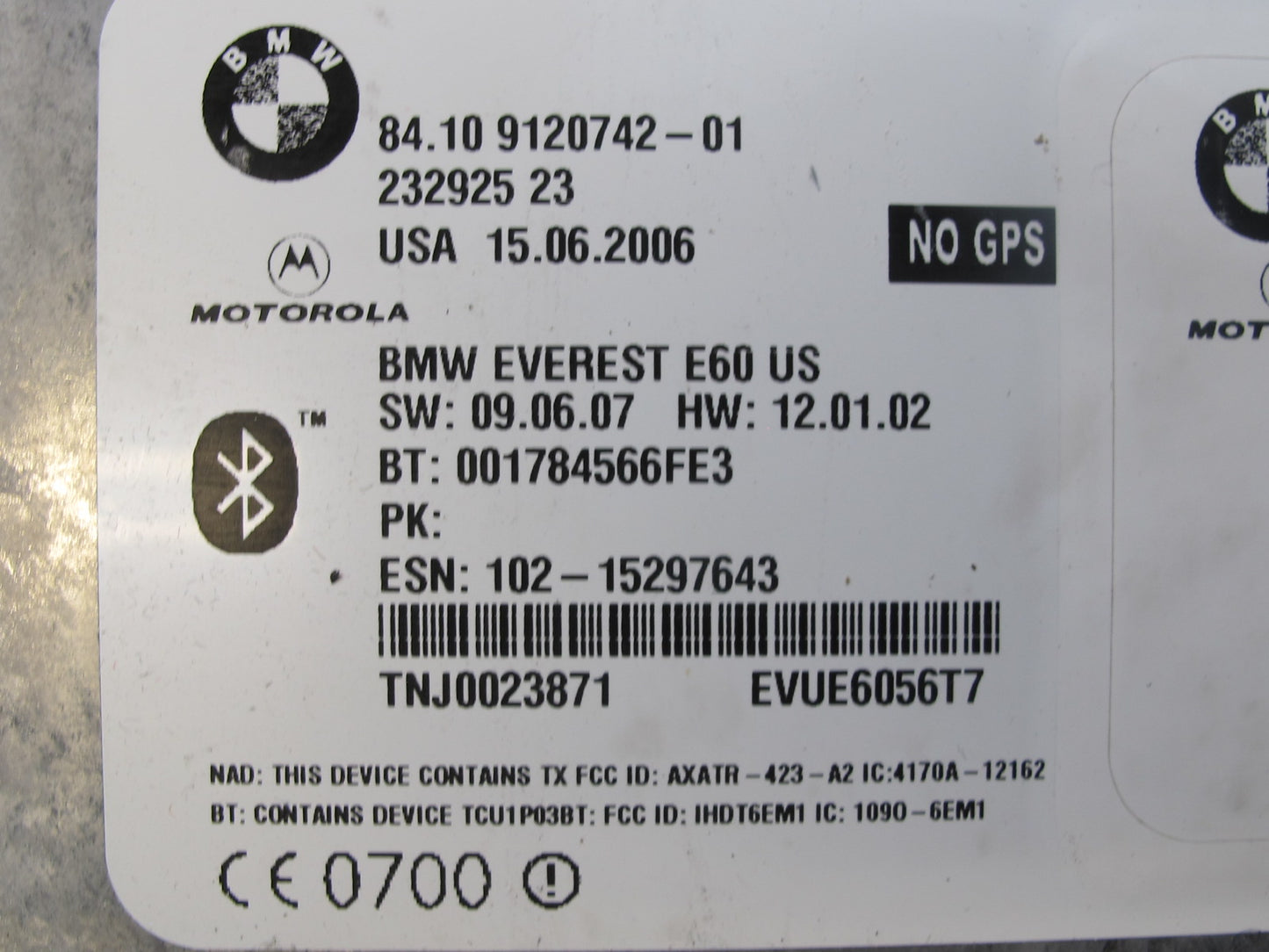 2006-2007 BMW E60 M5 Bluetooth Communication Control Module 9120742