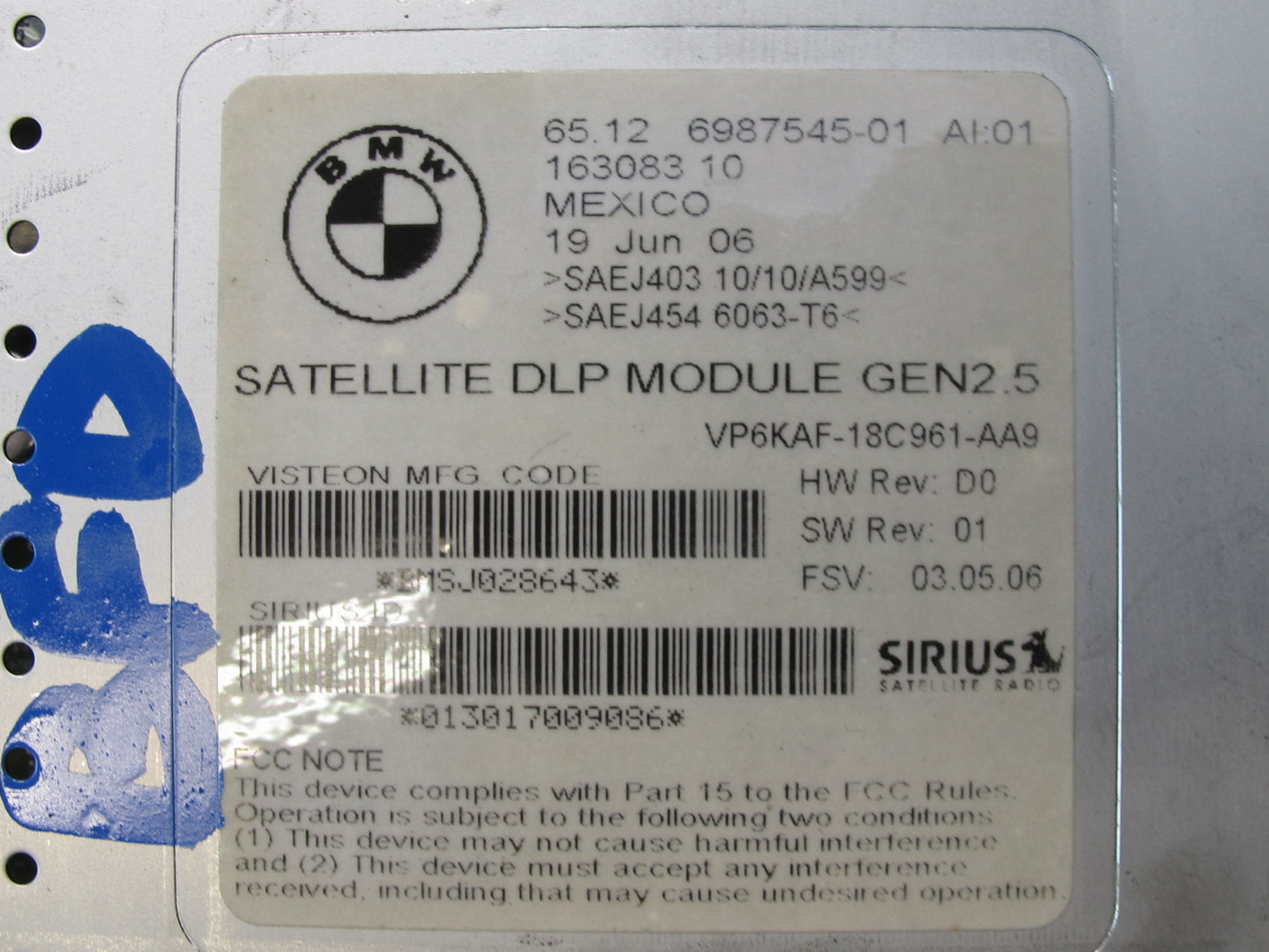 2006-2007 BMW E60 M5 Sirius Satellite Radio Receiver Module 6987545