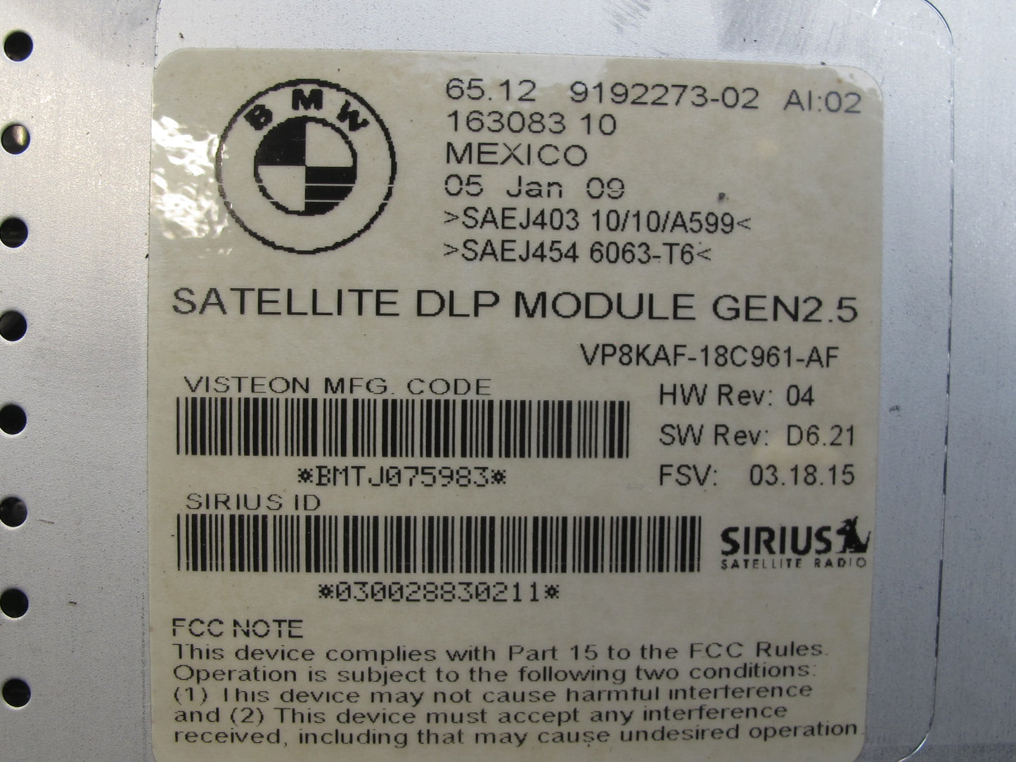 07-10 BMW E90 E91 E92 E93 335i Sirius Satellite Radio Control Module 9192273 OEM