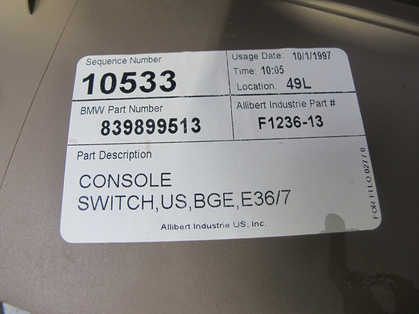 96-02 BMW E36/7 Z3 Roadster Center Console Trim Cover Panel Beige 8397523 OEM