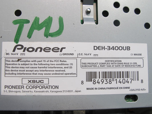 Pioneer DEH-3400UB Car Stereo WMA MP3 USB AUX CD Player Radio Receiver Head Unit