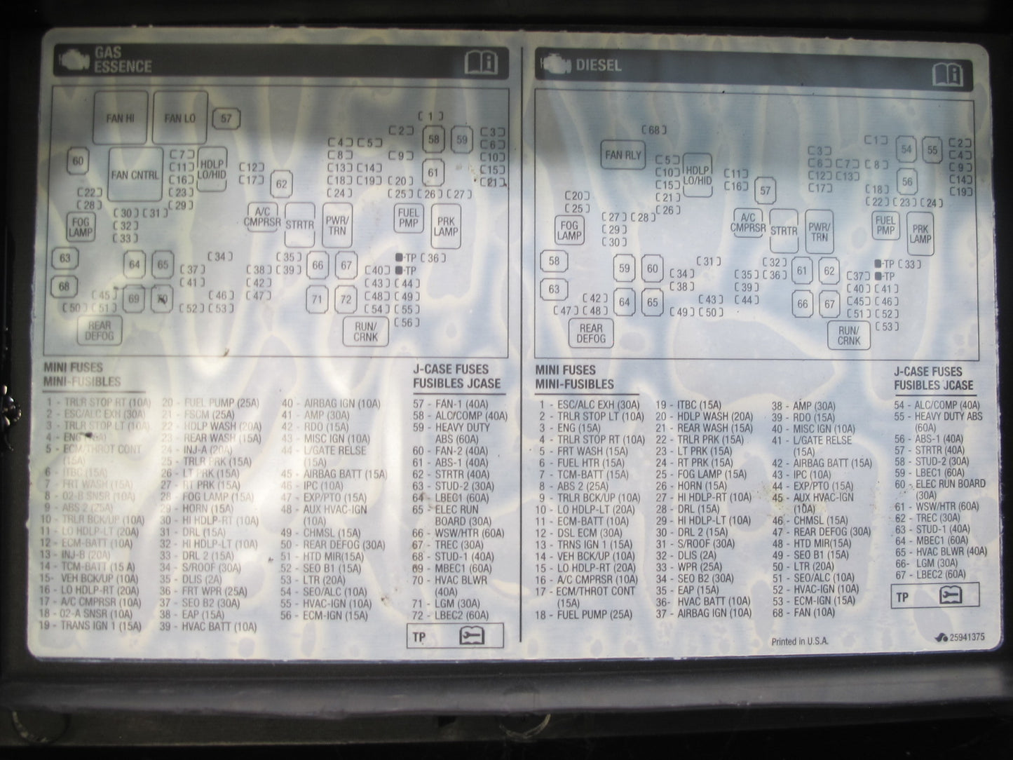 2007-2014 Cadillac Escalade Fuse Relay Box Lid Cover 25815385