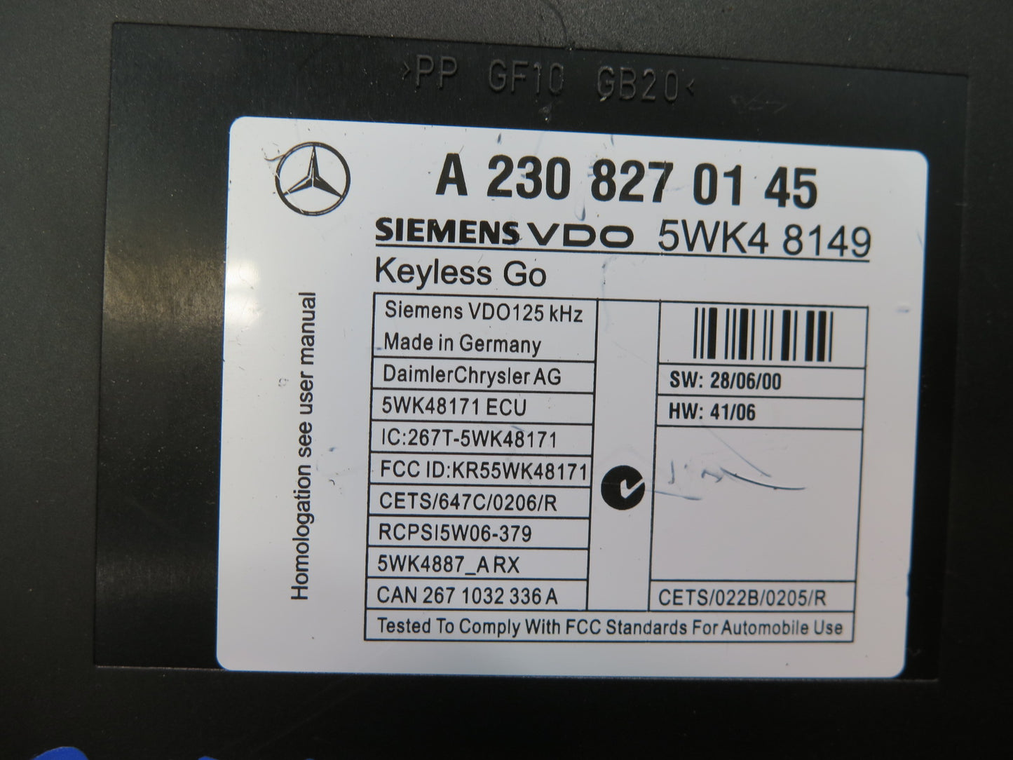 07-12 Mercedes R230 Sl-class Keyless GO Entry Control Module 2308270145 OEM