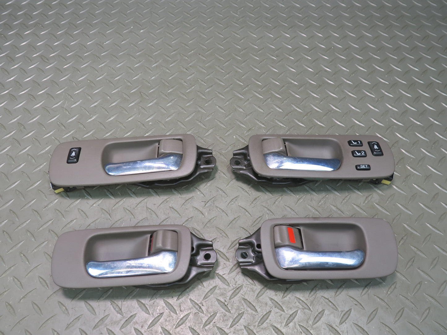95-00 Lexus UCF20L LS400 Set of 4 Interior Door Handle w Trim & Switch Brown OEM