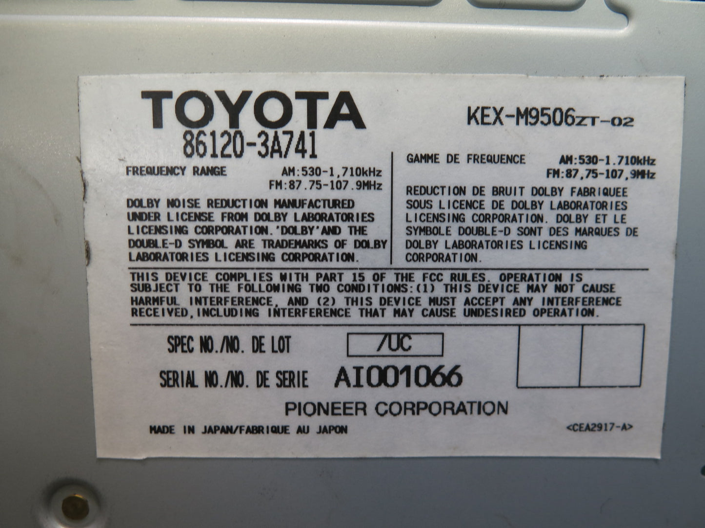 01-03 Lexus GS300 GS430 Pioneer Cassette Radio Player Receiver 86120-3A741 OEM