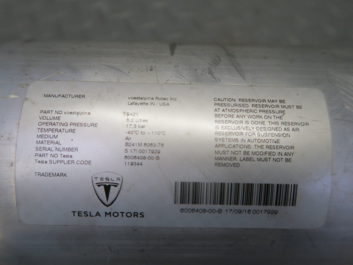 2016-2019 Tesla Model S 75D Air Suspension Pressure Accumulator Vacuum Tank