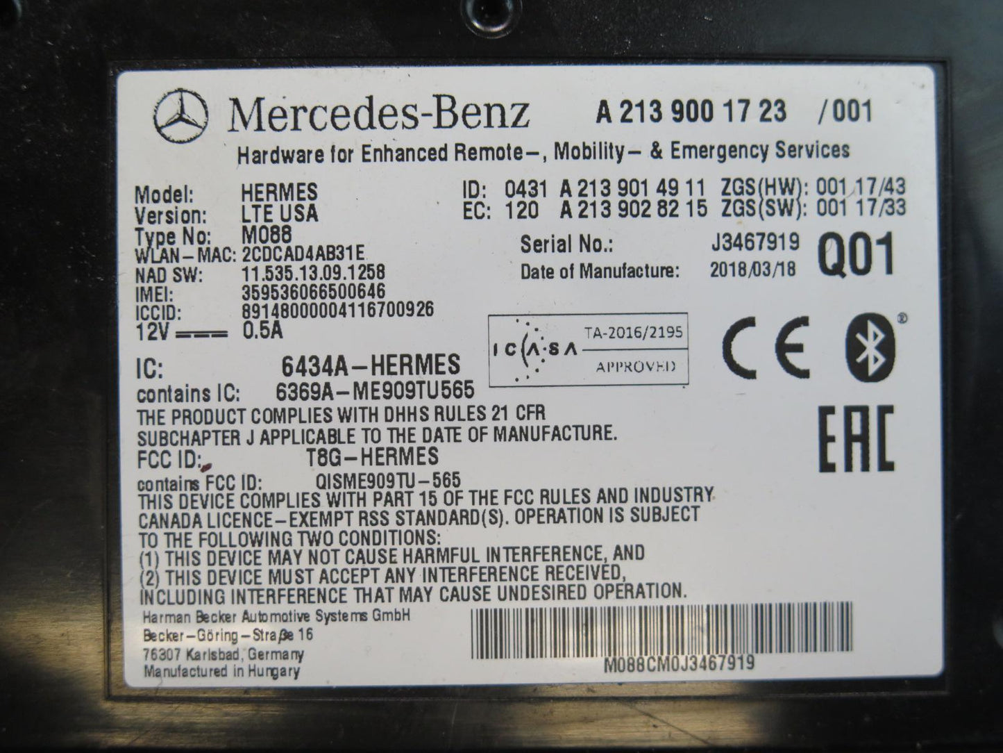 2017-2019 Mercedes X166 GLS450 Telematics Communication Control Module Unit