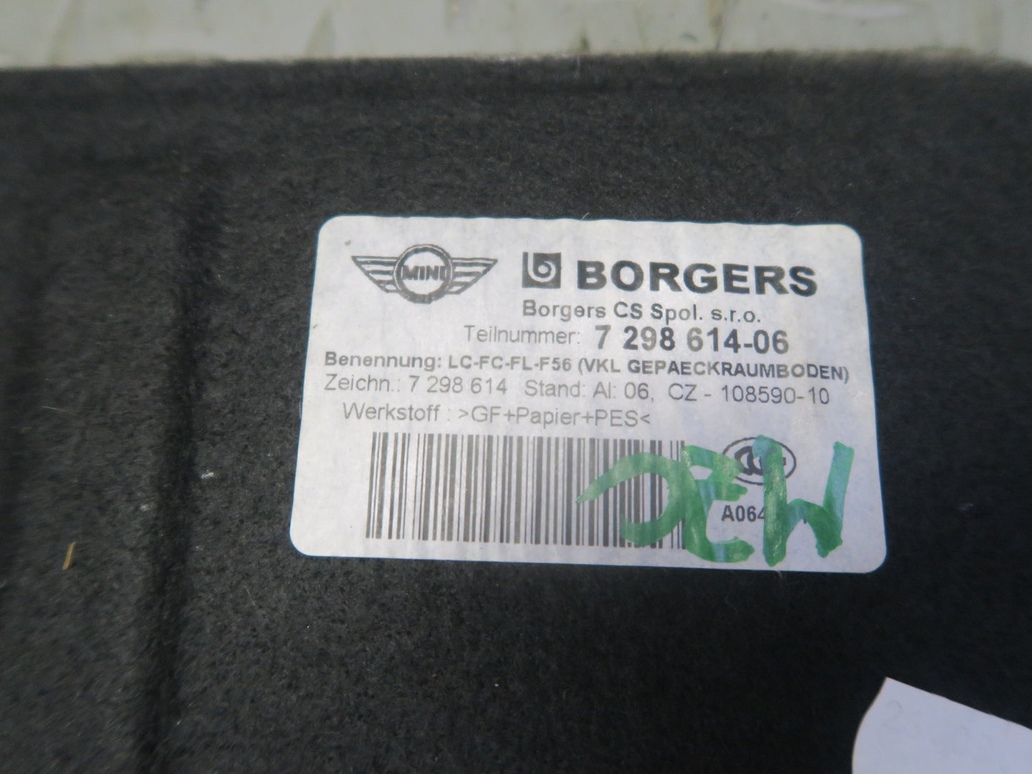 14-19 Mini Cooper S F56 F57 Rear Trunk Floor Carpet Cargo Cover 7298614 OEM
