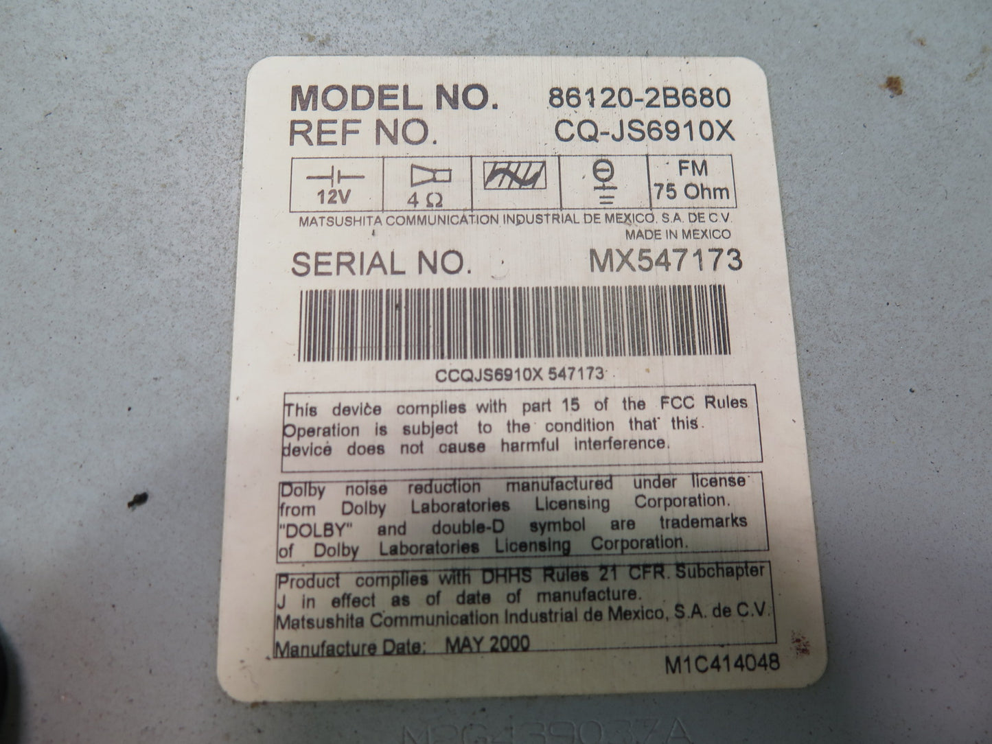 00-02 Toyota MR2 Spyder ZZW30L Radio Cassette CD Player Receiver 86120-2B680 OEM