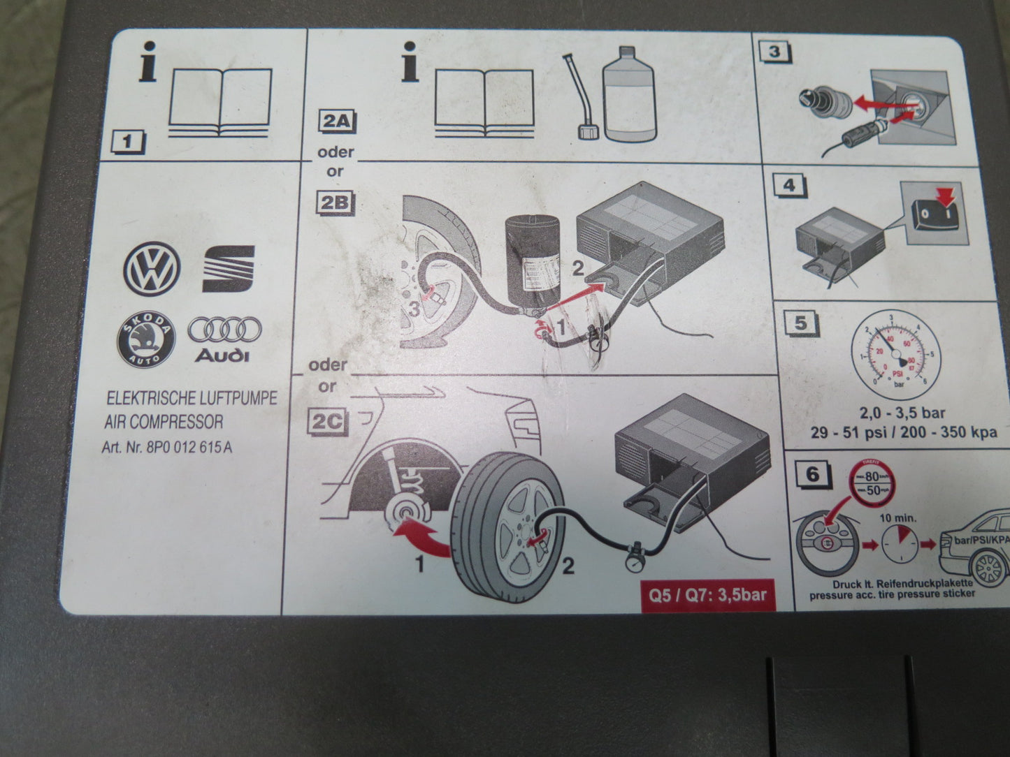 09-15 Audi TT S 8J Spare Tire Air Compressor Pump 8P0012615A OEM