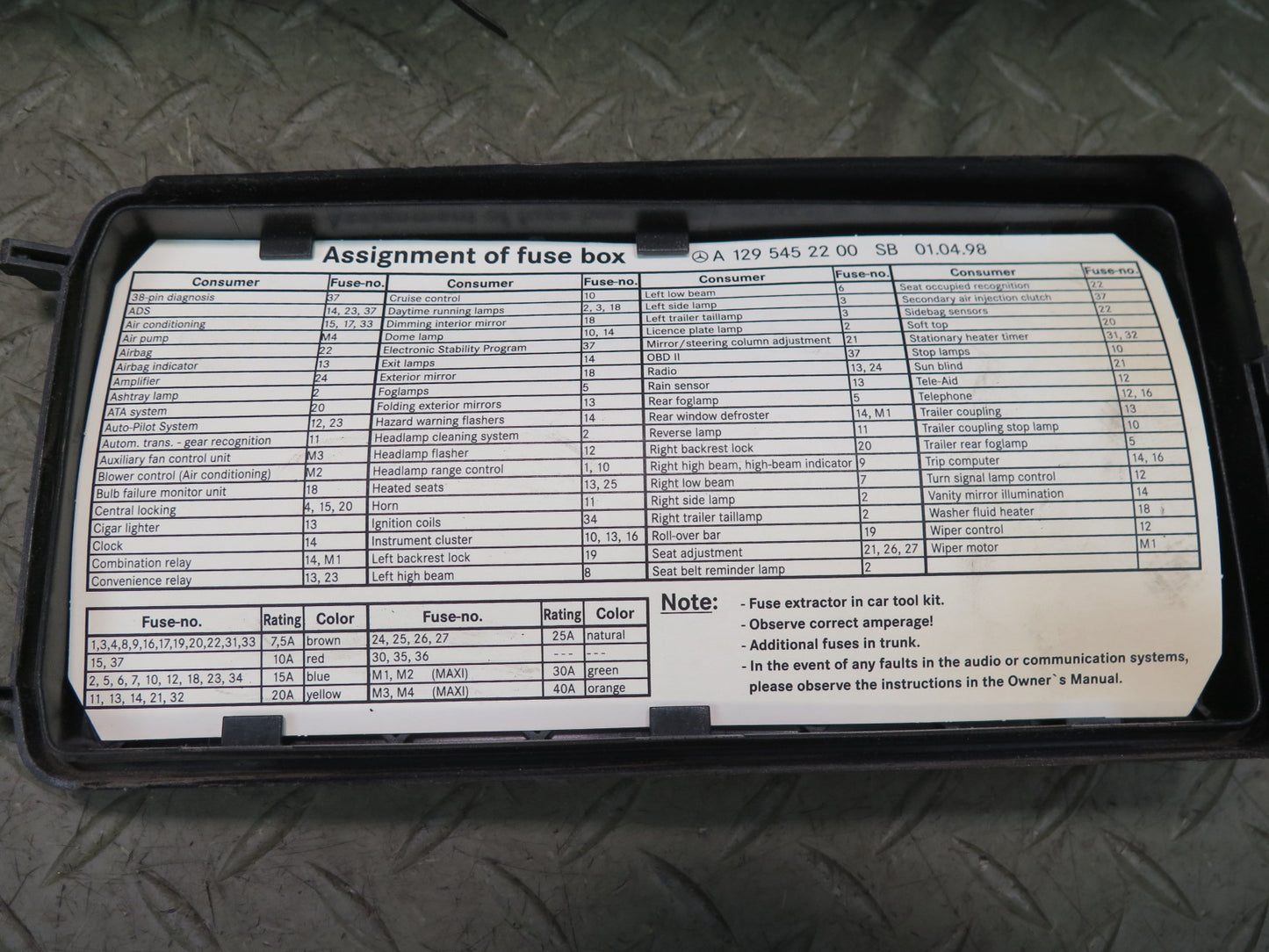 96-02 Mercedes R129 SL500 Front Left Engine Fuse Relay Box 1295401050 OEM