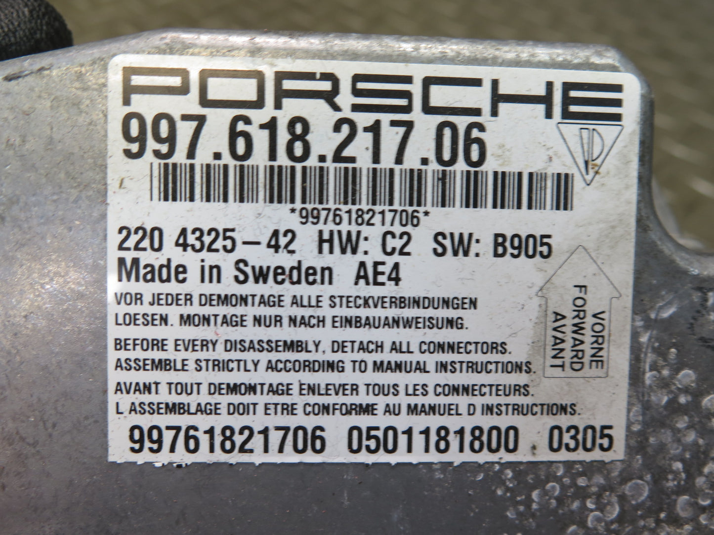 05-12 PORSCHE BOXTER 987 SRS AIRBAG CONTROL MODULE UNIT 99761821708 OEM