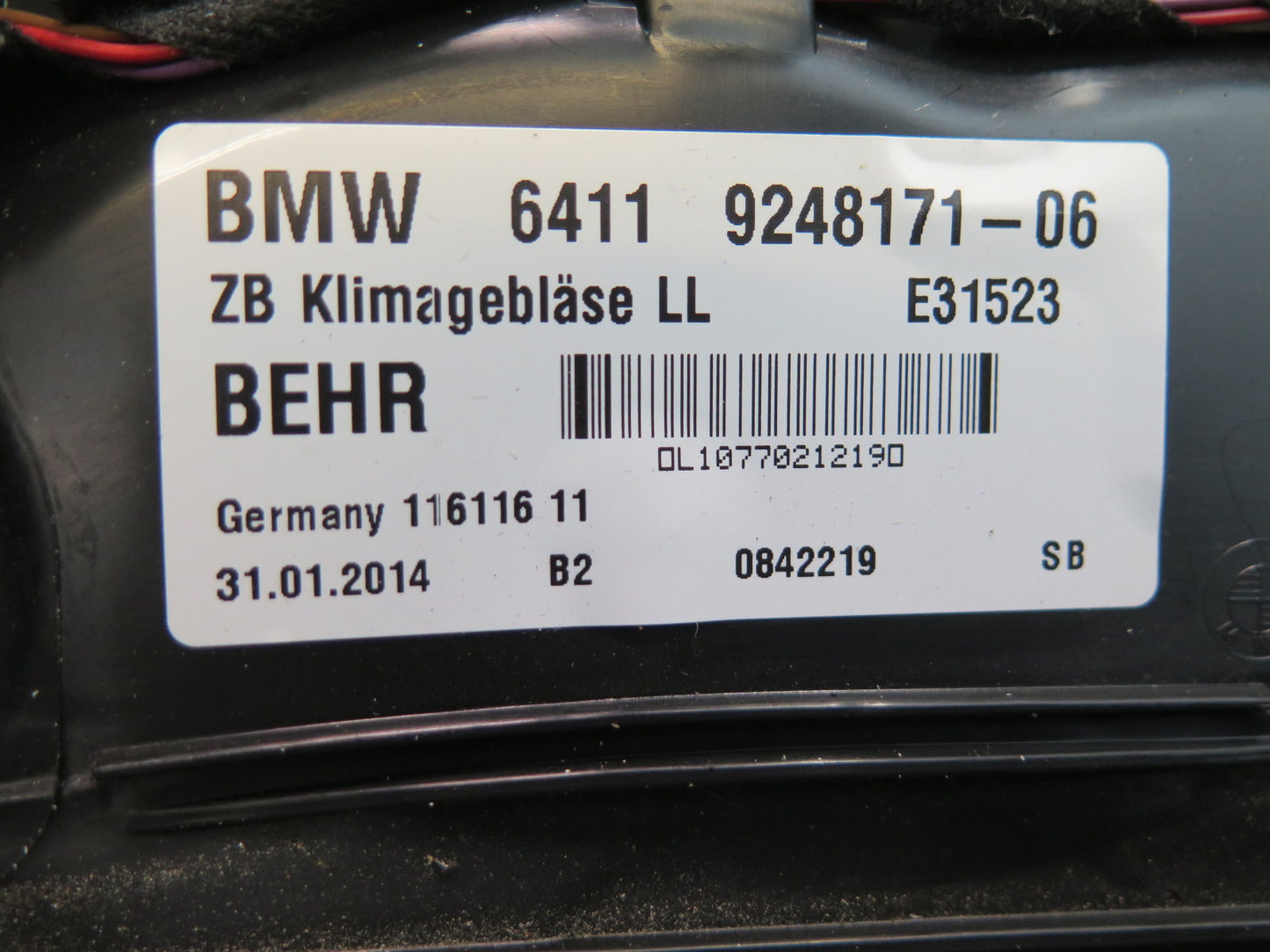 2012-2016 BMW F10 M5 A/C Heater Blower Motor Fan 9248171