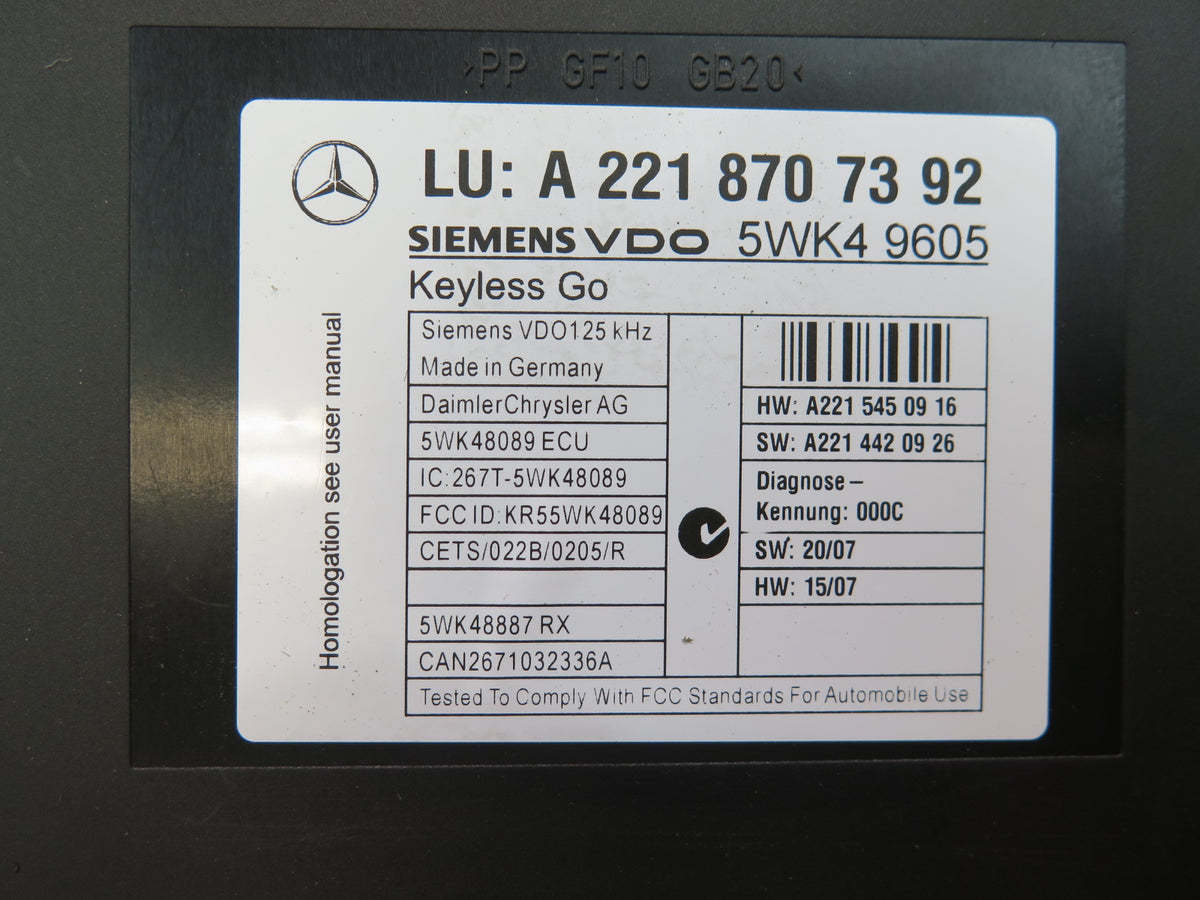 07-13 Mercedes W221 S-class Keyless Entry GO Control Module 2218707392 OEM